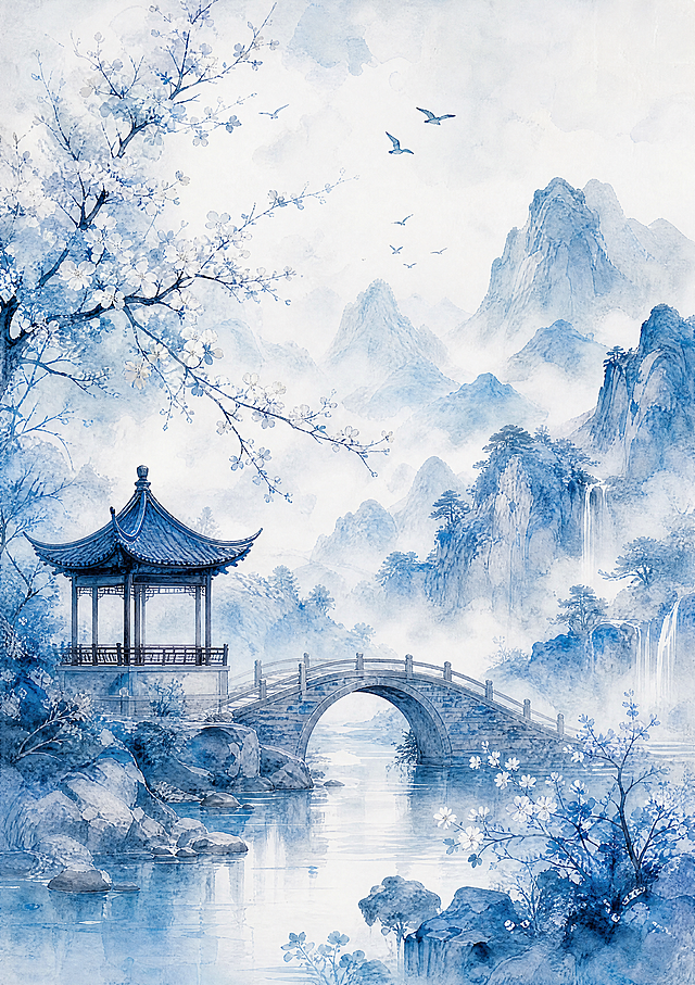 生成一幅完整的竖版蓝白国风古风水墨画，保留原封面中的亭子、小桥、山水、开花树木和飞鸟元素，去除所有文字内容，保持淡雅清新的水彩水墨风格，构图完整协调，尺寸为A4竖版