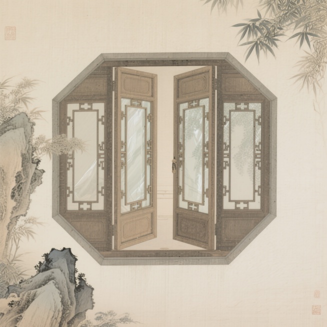 新工笔风格线描，中式复古窗棂，方形结构，带推开的窗户，窗户上装有透明玻璃，窗棂元素精致传统，线条细腻流畅，色彩典雅沉稳，呈现国风韵味预览效果