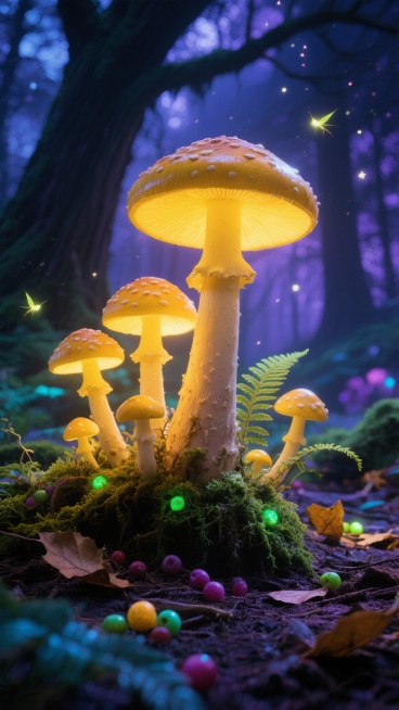 奇幻森林夜晚场景，发光的黄色蘑菇群，蘑菇伞盖圆润有光泽，带有细小斑点，菌柄粗壮，底部被茂密的荧光苔藓和蕨类植物环绕，地面散落着彩色发光浆果和枯叶，背景是朦胧的巨大树木剪影，顶部有星星点点的萤火虫飞舞，预览效果