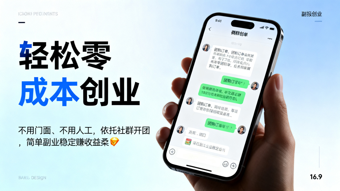 轻创业副业海报，主标题“轻松零成本创业”，副标题“不用门面、不用人工，依托社群开团，简单副业稳定赚收益🔥”，主副标题分明。画面展示手机微信群聊界面，很多团购订单消息，背景简洁现代，商务浅蓝渐变风格，预览效果