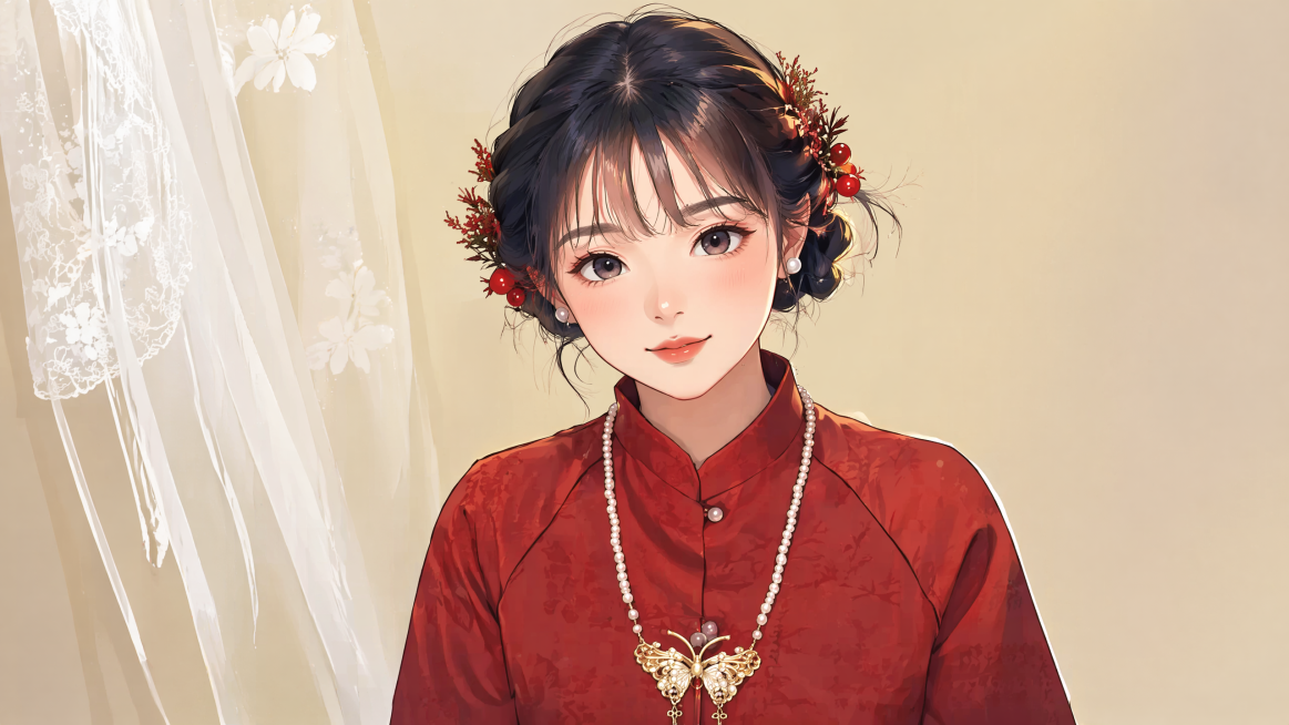 参考第一张图的日式二次元动漫插画风格，将第二张图中的人物重新绘制成该风格，保留人物的红色中式服装、珍珠蝴蝶项链、红果发饰的造型和元素，背景保持简洁室内风格预览效果