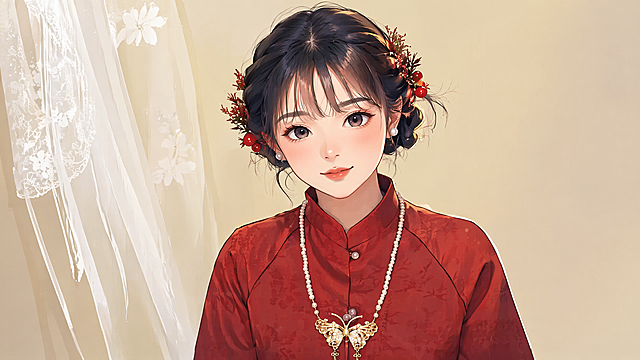 参考第一张图的日式二次元动漫插画风格，将第二张图中的人物重新绘制成该风格，保留人物的红色中式服装、珍珠蝴蝶项链、红果发饰的造型和元素，背景保持简洁室内风格