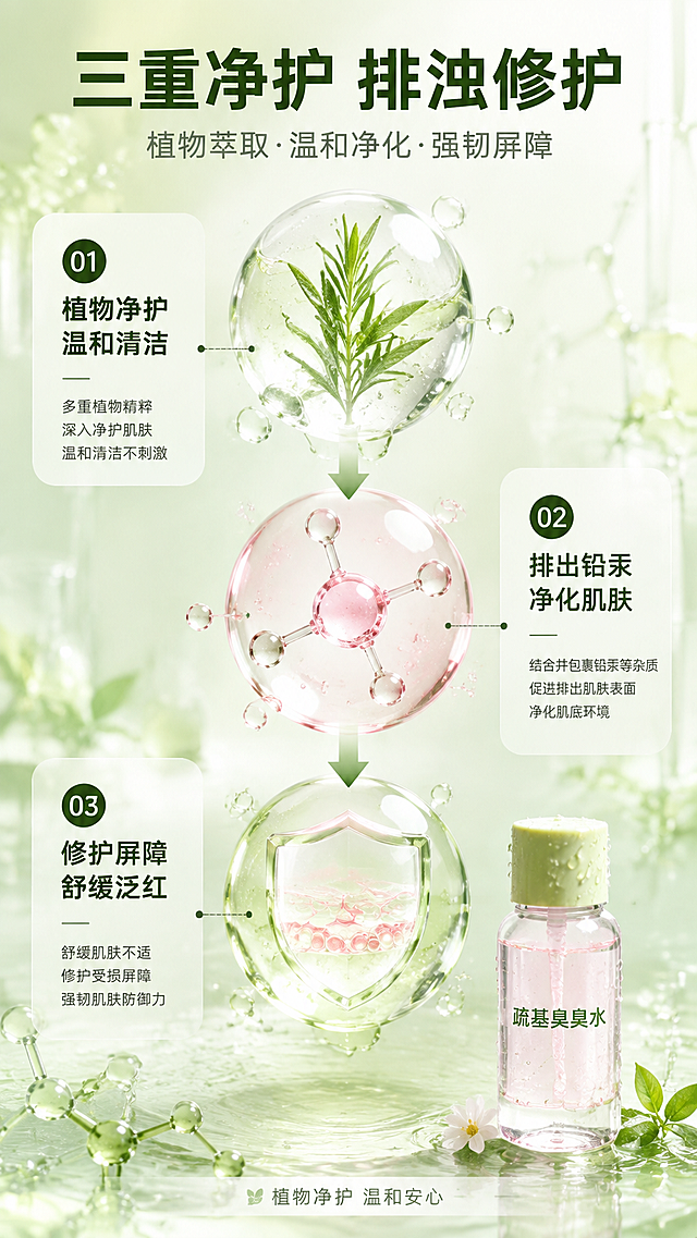 [商品] 成分机理专页，不强制垫产品图；如需出现产品则参考【图1】巯基臭臭水外观，保留透明粉液瓶身、绿色瓶盖、瓶身"巯基臭臭水"文字原貌。
[画面] 页面目标：讲清排铅汞净化机理，建立专业信任。构图：三段式功效链路纵向排布，从上到下为「植物净护→排出铅汞→修护屏障」；中间大尺寸分子结构/植物萃取液滴元素占画面核心约40%，左右两侧配编号说明卡；底部小尺寸产品点缀；前景分子/水滴层、中景信息卡层、后景浅绿实验室质感渐变背景；≥3层视觉层次。
[视觉] 套系策略：风格=清新植物系商业护肤摄影，通透光亮；标题字=现代简约粗黑体，字重高；正文字=纤细无衬线体；主色=浅草绿+柔粉+米白；背景延展=基于浅草绿做实验室玻璃质感、水光通透、淡分子纹理背景；强调色=深橄榄绿，仅用于小面积图标、引线、标签和重点字；标题色=深橄榄绿；正文色=中暖灰；组件=圆角信息卡、编号圆圈、箭头链路、分子图形；光影=均匀柔光，分子和水滴有通透高光。
[文字] 顶部主标题"三重净护 排浊修护"，副标题"植物萃取·温和净化·强韧屏障"；三段链路分别标注：①植物净护 温和清洁、②排出铅汞 净化肌肤、③修护屏障 舒缓泛红；底部小字"植物净护 温和安心"；核心成分/分子元素大尺寸呈现，不做小icon点缀；文字均横向排版，手机端可读。
[规格] 图片比例9:16竖版，4K分辨率，负向提示：避免黑金奢华风格、避免简单版式、避免优惠/价格信息、避免文字竖排斜排、避免医疗功效承诺、避免虚假数据。