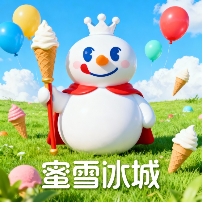 蜜雪冰城宣传海报，画面中央是品牌标志性的雪王形象，戴着王冠，手持冰淇淋权杖，笑容亲切，背景是蓝天白云和绿色草地，点缀着彩色气球和冰淇淋甜筒元素，底部有“蜜雪冰城”白色大字logo，整体风格明亮活泼，充预览效果