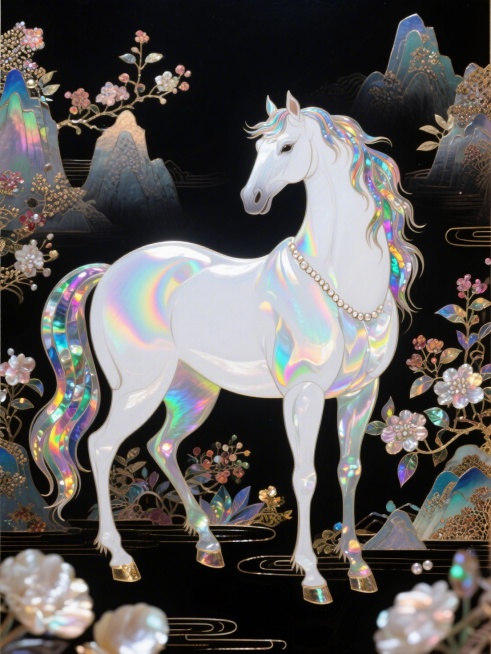 主体是白色骏马（体现七彩琉璃质感），背景含大量中国风花卉元素和山水，迷幻，意识流，黑色背景预览效果