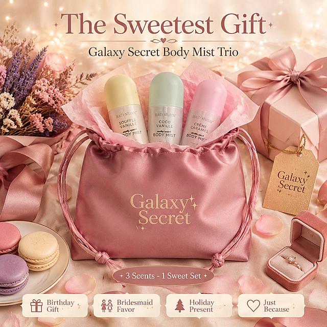 Amazon cross-border product claim image - Galaxy Secret Body Mist Trio, gift giving & unboxing scene page. Brand is "Galaxy Secret".
Sweet feminine gift-giving aesthetic, luxury unboxing feel, warm celebratory atmosphere, premium gift set photography, dusty rose and cream palette.
The Galaxy Secret dusty rose drawstring pouch is the centerpiece, presented as a beautiful gift with drawstrings slightly open to reveal the three body mist bottles inside; surrounded by elegant sweet gift elements: satin ribbon in dusty rose, macarons, dried flower bouquet, gold gift tag with string, small jewelry box, and scattered pink rose petals; soft tissue paper lining the pouch; "Galaxy Secret" branding clearly visible; warm festive bokeh lights and sparkles in background creating dreamy sweet atmosphere; pouch shape, drawstrings, and bottle designs match product style.
Warm soft lighting from above, gentle highlights on pouch surface, soft glow on ribbon and fairy lights, soft bokeh background, romantic and sweet luxurious atmosphere.
Color palette: dusty rose, blush pink, cream, gold, soft purple; consistent sweet celebratory palette.
Slightly overhead 30-degree angle, gift unboxing composition, drawstring pouch as focal point with decorative frame, reading flow center gift set → surrounding elements → top headline.
Text: Top centered headline "The Sweetest Gift", subtitle "Galaxy Secret Body Mist Trio"; bottom four elegant gift occasion tags: "Birthday Gift", "Bridesmaid Favor", "Holiday Present", "Just Because"; small badge "3 Scents - 1 Sweet Set"; all text in English, elegant serif font, rose gold and cream text colors.
1:1 square ratio, high definition, sharp text.
Negative: deformed pouch, wrong brand, watermarks, garbled text, blurry, Chinese characters, price tags, discount labels