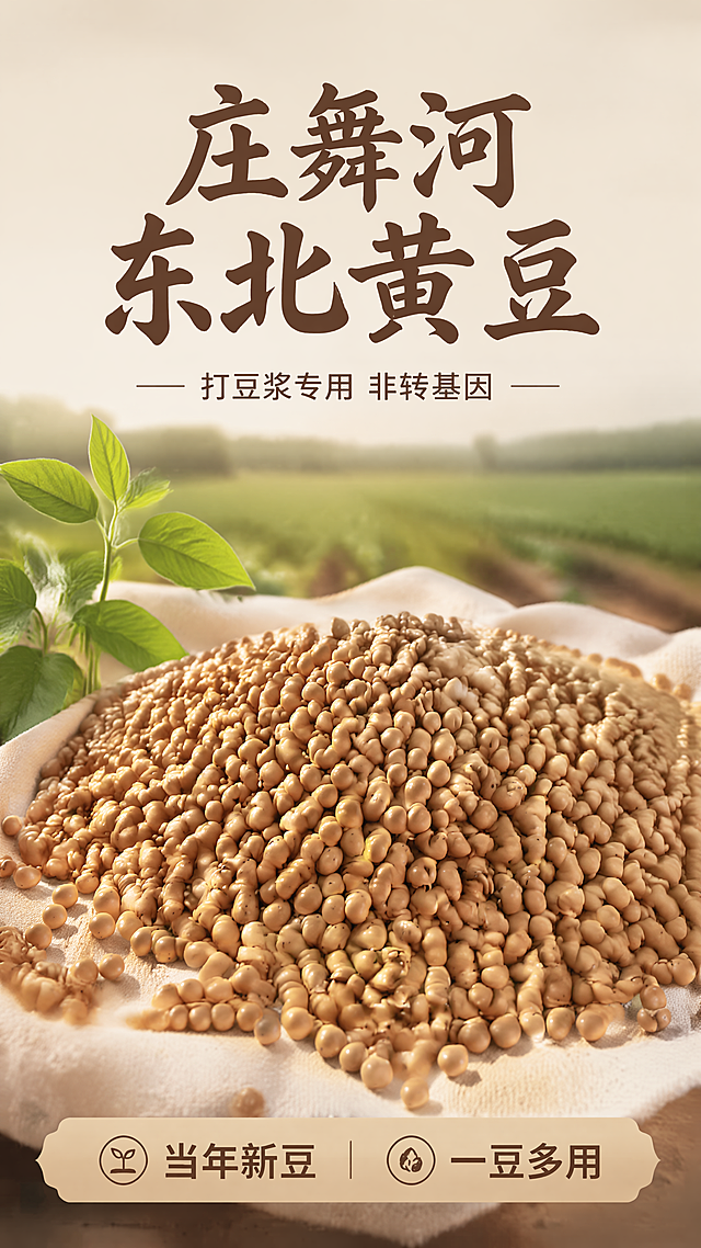 使用商品详情页技能根据商品图「图片1」生成详情页，参考图为「图片1」，商品名称为庄舞河，卖点为打豆浆专用、当年新豆、无坏豆、坏豆包赔、东北黑土地种植、多规格可选、高品质性价比高、现货速发、包邮、可发豆芽、一豆多用、非转基因 适用人群：青年，中年，老年，适配平台为拼多多，图片比例为9:16，需求屏数为8张，场景化食欲风