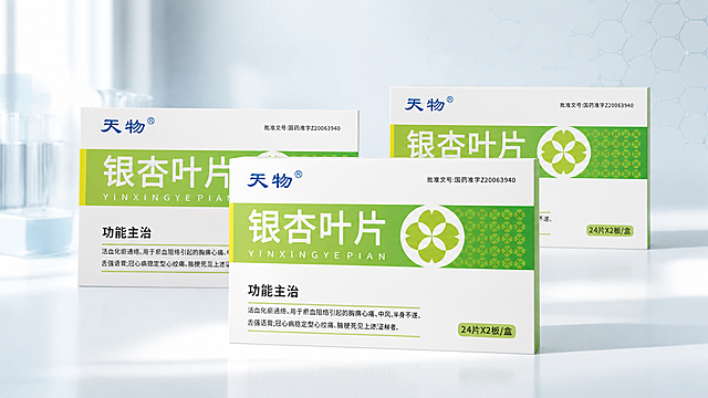 基于参考图中的银杏叶片药品包装盒正面设计，生成2-3个立体药盒的展示效果，盒子有前后错落的空间层次感，符合医药行业专业、干净、可信的视觉风格，药盒正面完整保留原包装的品牌、品名、图案和文字信息，整体画面简洁大气，有柔和的光影和立体感，背景为干净的浅色调医疗风格场景