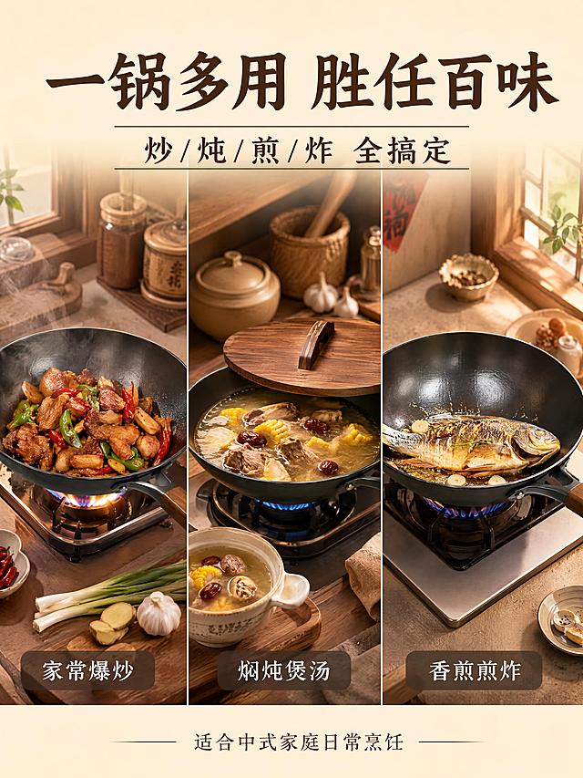 [第9屏] 适用场景——中式家常爆炒、焖炖、煎炸多场景展示。本屏使用【图2】作为铁锅主体，融入多个使用场景。
[氛围/风格] 中式家庭厨房暖调，生活烟火气，温馨家常感，商业摄影质感。
[元素布局] 画面采用三格横向拼图布局，展示三个使用场景：左格「家常爆炒」——铁锅内翻炒红烧肉/青椒肉丝，灶台火焰升腾，旁边放葱姜蒜配料；中格「慢火焖炖」——铁锅内炖着鸡汤/红烧肉，盖着木锅盖，旁边放陶瓷汤碗；右格「香煎煎炸」——铁锅内煎着金黄的鱼/荷包蛋，油花滋滋；每格都有铁锅出镜，造型材质与输入图一致；背景为温馨的中式家庭厨房，暖黄色调。
[光影质感] 每个场景都有暖调主光，食物色泽诱人，锅面高光自然，整体温暖明亮，突出食欲感。
[配色色系] 全局底色 #FFF5E6（暖杏色）；主色铁锅黑灰、食物暖色调；辅助色木色、瓷白、食材红绿点缀。
[视角构图] 横向三格拼图，每格都是45°俯视灶台视角，阅读动线从左到右依次浏览三个场景。
[文字版式] 版式为顶部通栏大标题 + 三格场景拼图 + 每格场景标签。顶部主标题「一锅多用 胜任百味」，副标题「炒/炖/煎/炸 全搞定」；每格底部有半透明黑底白字标签，分别写「家常爆炒」「焖炖煲汤」「香煎煎炸」；底部补充一行小字「适合中式家庭日常烹饪」；文字清晰有食欲感。
[比例分辨率] 3:4 竖版比例，4K 分辨率，文字清晰可辨，高清画质。
[负向提示词] 铁锅变形，食物不自然，颜色偏差，水印，文字错乱，电磁炉出现，西式餐具。