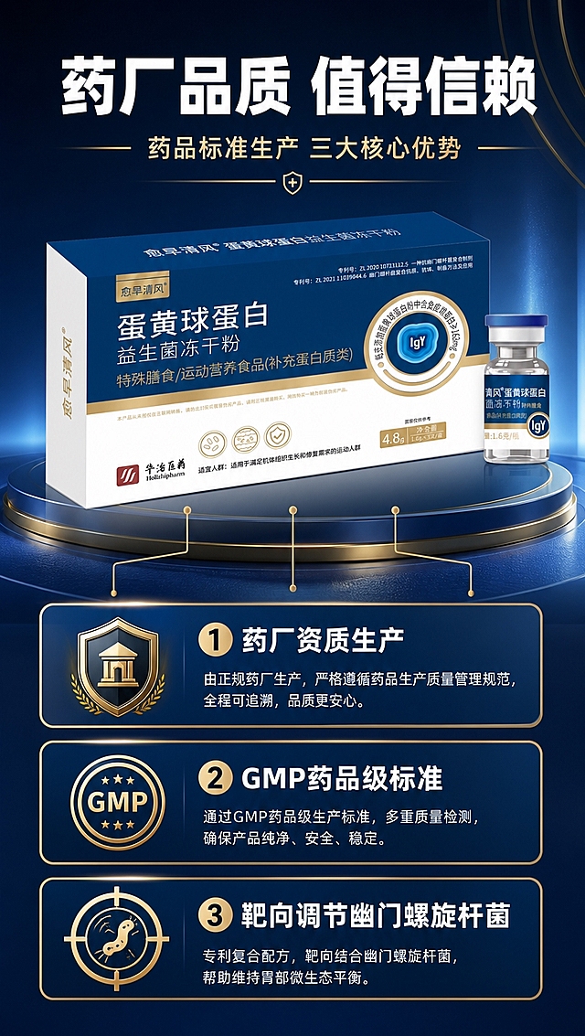 [商品] 使用【图1】愈早清风蛋黄球蛋白益生菌冻干粉产品；保留包装结构、颜色、Logo、所有包装文字；产品置于画面中上部，作为主体展示。
[画面] 目标：权威背书与核心卖点证据页，中间产品主体占画面40%，周围用引线连接3大信任证据模块分布四周；背景为深蓝渐变+金色装饰线条，营造药厂专业感；≥3层视觉层次（产品层、证据卡片层、背景光效层）。
[视觉] 套系策略：风格=医药级专业高端商业摄影风；标题字=粗黑体厚重无衬线；正文字=简洁无衬线体；主色=深海蓝；背景延展=基于深海蓝做深浅渐变、金色描边和细腻哑光质感；强调色=香槟金，仅用于小面积图标、引线、标签和装饰线条；标题色=纯白；正文色=浅灰蓝；组件=金色细线边框、圆角信息卡、盾牌/证书图标；光影=左前侧冷调柔光。
[文字] 顶部主标题「药厂品质 值得信赖」，副标题「药品标准生产 三大核心优势」，下方3个证据模块：1. 药厂资质生产、2. GMP药品级标准、3. 靶向调节幽门螺旋杆菌；每个模块配图标+短说明文字横向排版，引线从产品指向各模块，清晰可读。
[规格] 图片比例9:16竖版，4K分辨率，负向提示：避免变形、错字、文字过小、医疗化夸张功效、极限词、虚假承诺、二维码、平台logo、包装文字错乱。