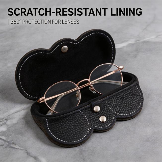 Close-up of the soft interior lining of the sunglasses case, with a pair of sunglasses placed inside预览效果