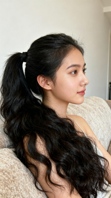 年轻女子侧坐在柔软的沙发上，展示出她的上半身，扎着又粗又长的天然黑色马尾辫，发质蓬松浓密自然未烫染，整体氛围舒适自然预览效果