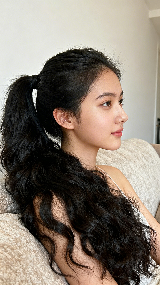 年轻女子侧坐在柔软的沙发上，展示出她的上半身，扎着又粗又长的天然黑色马尾辫，发质蓬松浓密自然未烫染，整体氛围舒适自然