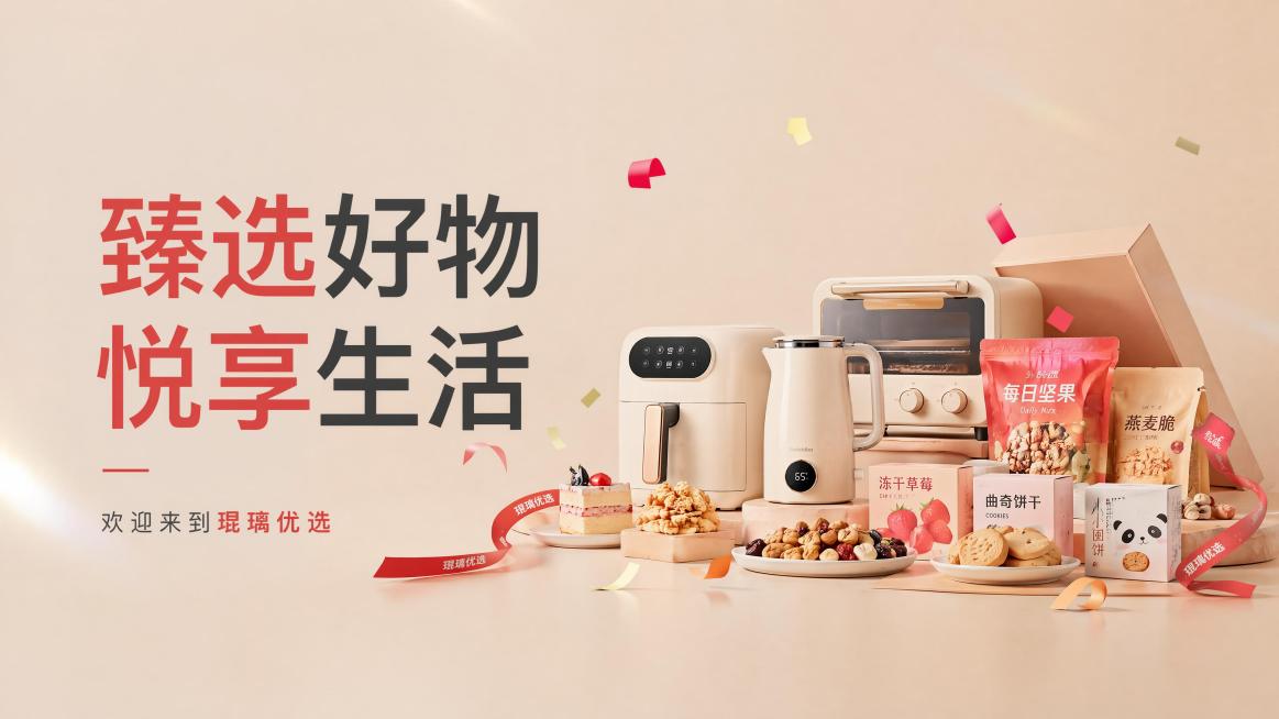 参照参考图片暖米色调和版式，横板电商海报，主标题大字"臻选好物"，次主标题大字"悦享生活"，左下角小字"欢迎来到琨璃优选"。画面主体替换成小家电和精选零食食品组合陈列摆放，保持原图干净暖调质感，浅米色预览效果