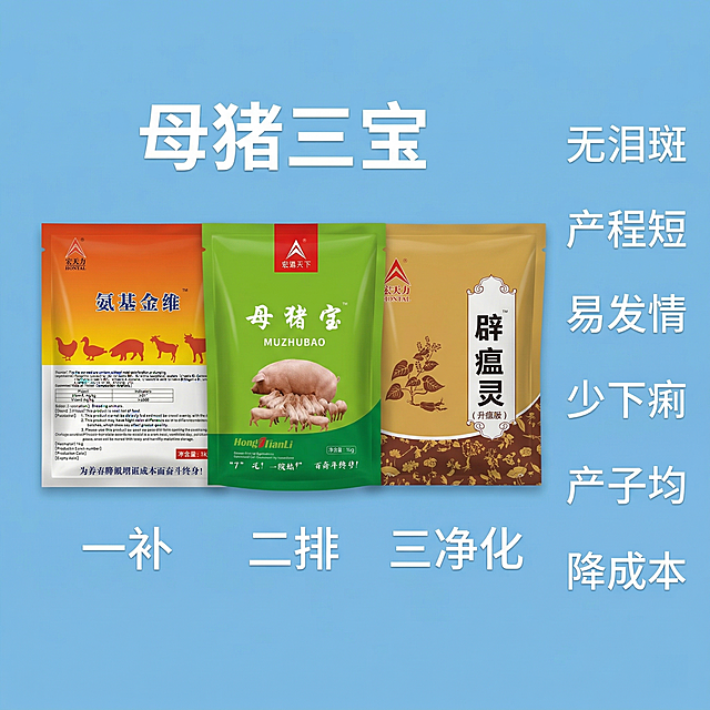 画面背景为浅蓝色，字体颜色为白色，主题是“母猪三宝”。三张产品图（氨基金维、母猪宝、辟瘟灵）横向排列在画面中，产品下方依次标注三行文字：“一补，二排，三净化”。画面右侧是竖版排版的文字，文字间留有间隔，分别为“无泪斑、产程短、易发情、少下痢、产子均、降成本”，保持所有产品上的Logo和文字原样不变，产品物理结构不扭曲。