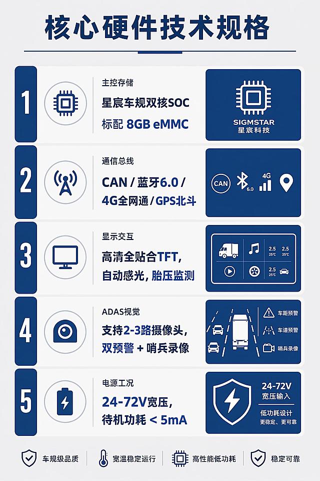 将这张核心硬件技术规格内页改成极简简洁风格，保留全部原有文字内容和列表布局，去掉复杂的芯片场景渲染图，改为纯色块搭配图标，背景浅灰纯色，配色仅深蓝+浅灰，排版干净清爽，核心参数加粗
