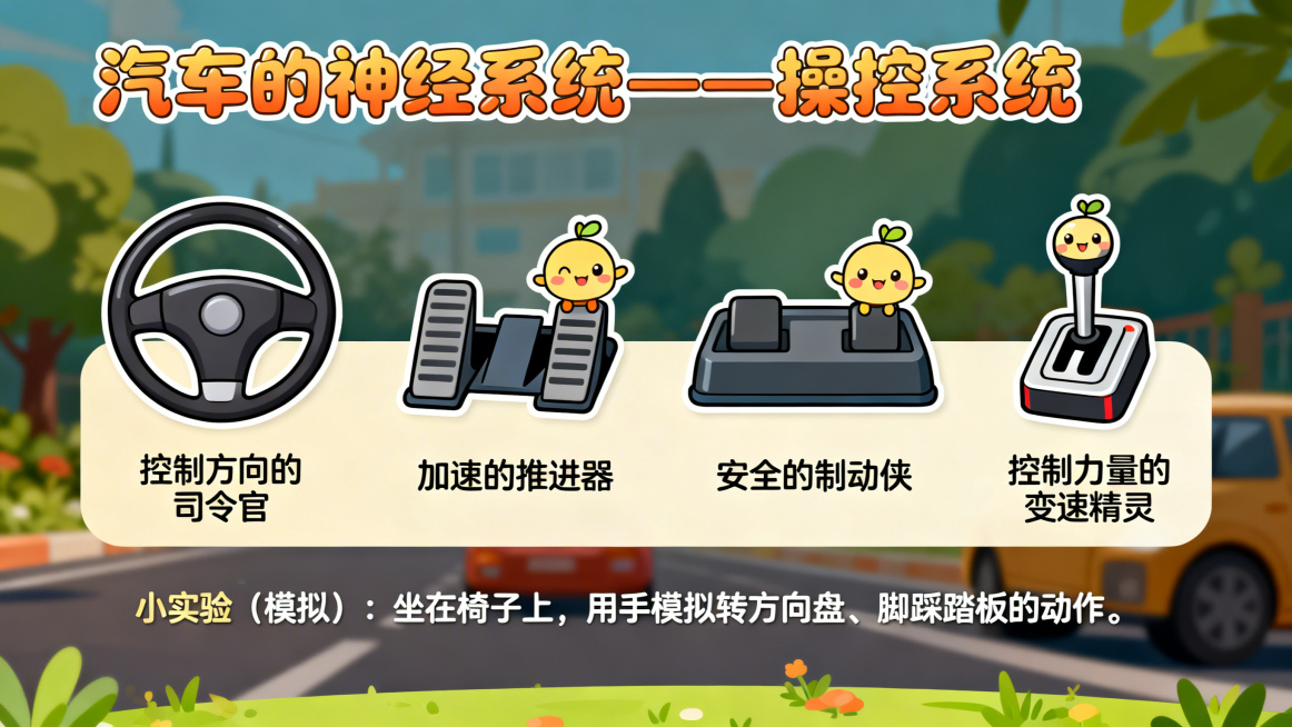 卡通风格PPT页面，主题是汽车的神经系统——操控系统，依次介绍方向盘（标注“控制方向的司令官”）、油门踏板（标注“加速的推进器”）、刹车踏板（标注“安全的制动侠”）、换挡杆（标注“控制力量的变速精灵”预览效果