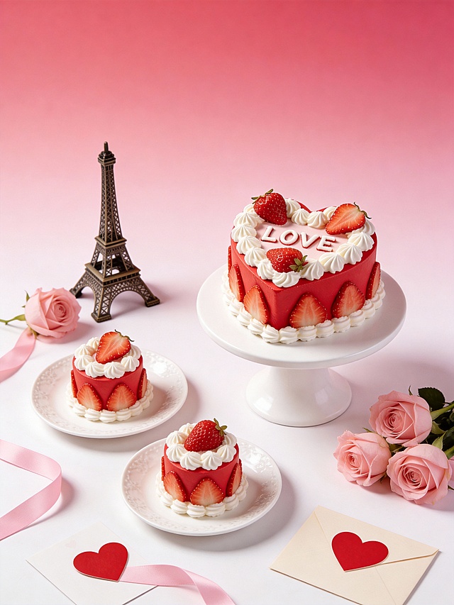 浪漫法式商业静物摄影风格，画面以柔和渐变的粉色为主色调，搭配红色作为视觉点缀，整体色调甜美且富有氛围感。采用平视略俯视的视角，主体分为两组：一组置于画面右侧的白色展台之上，呈自然直立角度，占据视觉核心区域；另一组放在左侧的白色瓷盘上，大小适中且错落分布。周围点缀着埃菲尔铁塔模型、粉色玫瑰花、粉色丝带、心形卡片与信封等道具，背景为纯净的渐变粉色。采用柔和均匀的漫射光，营造出温馨浪漫的视觉效果，主体与法式浪漫场景融为一体，充满优雅甜美的氛围。