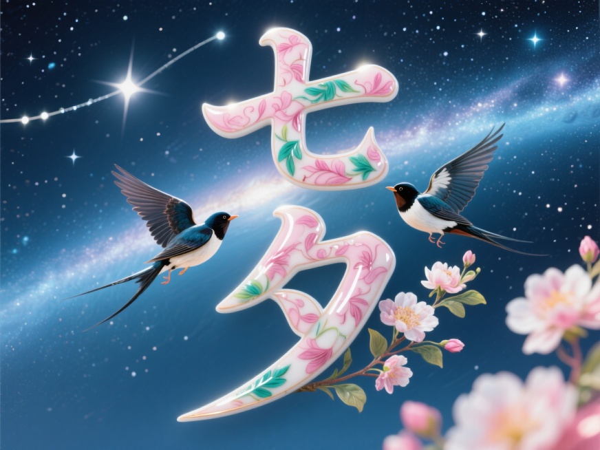 图片风格为「中国风」，竖向文字"七夕"，清代粉彩瓷字体。创意字体设计点缀两只喜鹊、花朵元素。织女星（天琴座α）与牛郎星（天鹰座α）隔银河相望星空氛围。预览效果