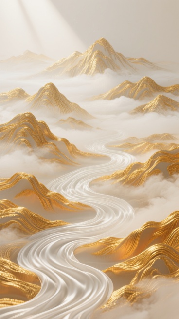 俯瞰视角，一幅用金丝与白丝交织的立体山水画卷在纯净米白色背景上舒展，金色丝线勾勒出层叠的远山轮廓与蜿蜒的河流脉络，白色丝线则细腻地表现出云雾的流动感，光线从左上方45度角斜射，使金色丝线表面泛起如同阳光穿透晨雾般的柔和高光，阴影处呈现出琥珀色的渐变层次，丝绸在水流交汇处形成自然垂坠的S形褶皱，传统水波纹与山峦剪影在现代简约构图中达成平衡，整体呈现出既有东方水墨意境又具当代奢华质感的视觉交响。预览效果
