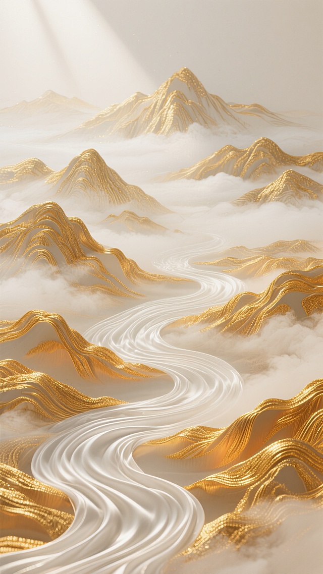 俯瞰视角，一幅用金丝与白丝交织的立体山水画卷在纯净米白色背景上舒展，金色丝线勾勒出层叠的远山轮廓与蜿蜒的河流脉络，白色丝线则细腻地表现出云雾的流动感，光线从左上方45度角斜射，使金色丝线表面泛起如同阳光穿透晨雾般的柔和高光，阴影处呈现出琥珀色的渐变层次，丝绸在水流交汇处形成自然垂坠的S形褶皱，传统水波纹与山峦剪影在现代简约构图中达成平衡，整体呈现出既有东方水墨意境又具当代奢华质感的视觉交响。