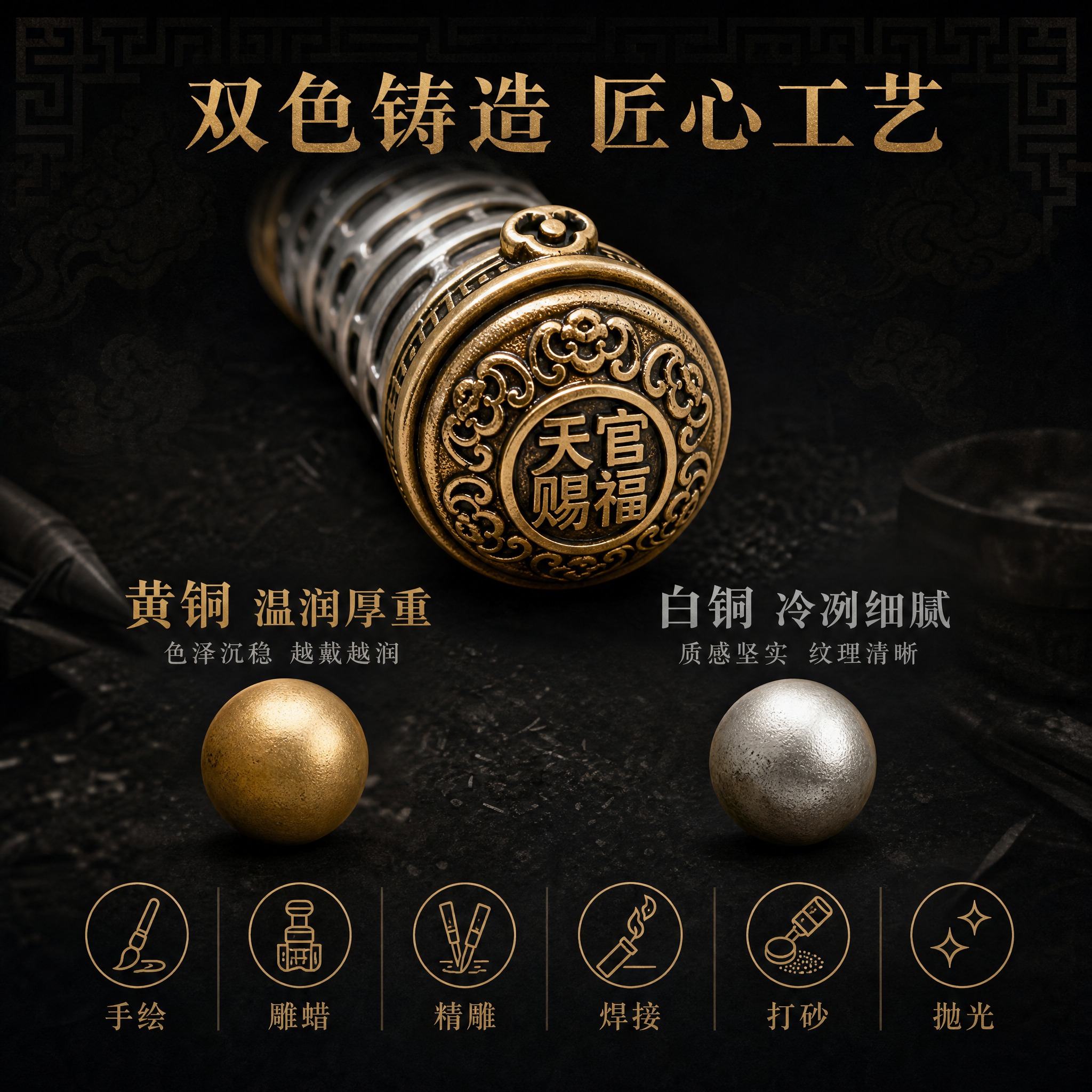 [主图-3] 主题：材质工艺展示 黄铜白铜双色 手工铸造六道工… - 图片创意预览