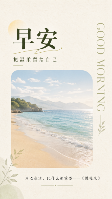9:16竖版早安日签海报，去掉左上角logo位置，保留参考图的简约文艺排版骨架，整体做差异化创意设计。主标题"早安"，副标题"把温柔留给自己"，右侧竖向装饰文字"GOOD MORNING"，中间是圆角预览效果