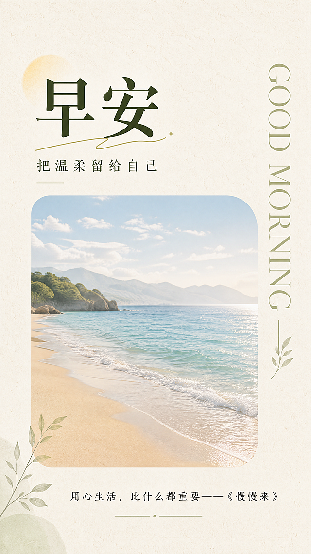 9:16竖版早安日签海报，去掉左上角logo位置，保留参考图的简约文艺排版骨架，整体做差异化创意设计。主标题"早安"，副标题"把温柔留给自己"，右侧竖向装饰文字"GOOD MORNING"，中间是圆角风景图框，展示治愈的海岸沙滩风景，底部写文案金句："用心生活，比什么都重要——《慢慢来》"。整体浅米纹理背景，配色清新治愈，文艺简约风格，文字排版清晰可读，版式精美，留白得当，无左上角logo，4K高清画质。