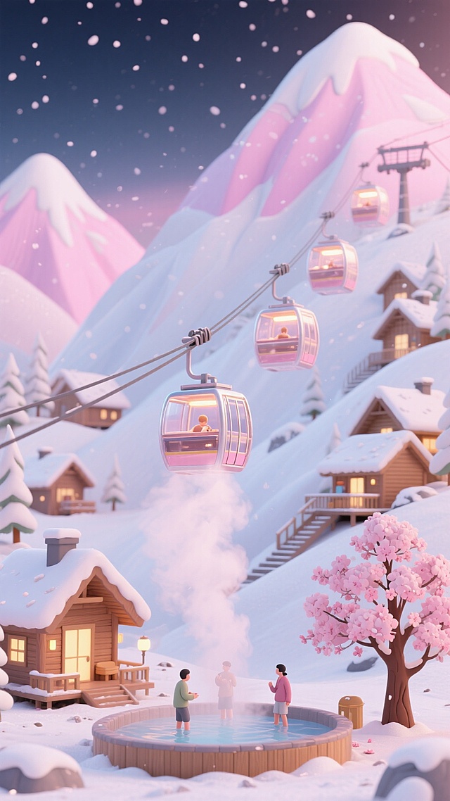 全景构图，主视觉是全透明玻璃缆车（串成一串，内亮暖光），沿雪山索道攀升。山间温泉木屋错落，屋顶覆雪，蒸汽袅袅，雪地行人泡足汤，右下角有披雪的樱花树。背景是粉白雪山与淡粉夜空，细雪轻落，粉白 + 浅棕配色，浪漫治愈。