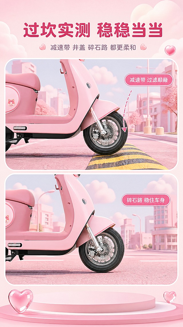 【商品】使用【图1】前叉与前轮区域、【图2】整车作结构校准；严格保留：前叉圆筒与镀铬表面、弹簧与减震筒结构、前碟刹盘与卡钳、粉色前挡泥板、前轮胎纹与轮辋、後部减震筒；不得改变部件位置、数量、颜色。
【画面】目标：用实测场景说明减震效果；构图：上下双格，上格为“过减速带”：车辆前轮刚刚越过减速带，前叉明显压缩、车身姿态平稳，地面为粉色系沥青路面与黄黑减速带，一条淡粉虚线标出减震方向并配粉胶囊标签；下格为“平路巡航”：车辆平稳行驶姿态，路面平整；两格车体局部占各自画面约68%；背景为粉调城市路面与泡泡云。
【视觉】套系策略：风格=粉色元气 3D 立体商业渲染风（甜系少女感，产品保持实车写实质感）；标题字=现代无衬线粗圆体中文；正文字=简洁无衬线常规体中文；主色=樱花粉到蜜桃粉柔和渐变（#FBD3E0→#FFEAF2）；背景延展=米白到浅粉柔光渐变底，叠加 3D 泡泡云朵、立体果冻爱心、粉白圆形台座，按主色做深浅与材质层次；强调色=莓果玫红（#E8477F），仅用于小面积图标、引线、标签与序号；标题色=玫红深粉（#D5326B）；正文色=暖灰紫（#7C6C74）；组件=圆角白底信息卡、细粉线引线、粉胶囊标签；光影=柔和粉调影棚光，左前上方柔光。
【文字】主标题「过坎实测 稳稳当当」，副标题「减速带 井盖 碎石路 都更柔和」，上格标签「减速带 过滤颠簸」，下格标签「碎石路 稳住车身」；全部横向排版，不遮挡部件。
【规格】图片比例9:16竖版（1152×2048），分辨率4K；避免：前叉变形或压缩方向错误、车轮悬空、格内拼接错位、错字乱码、蚂蚁字、竖排或旋转文字、平台logo/水印/二维码、绝对化用语、冷蓝冷灰主色。