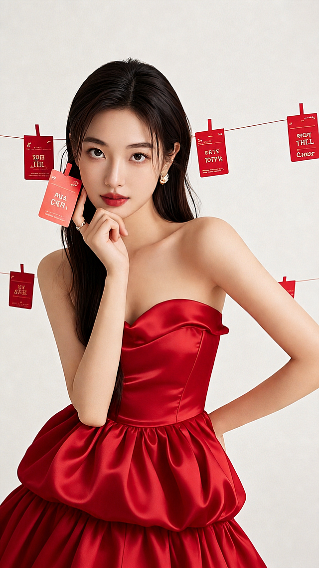 去掉裙子前面的所有卡片和横线，保留丝绸材质红裙子、人物和其他背景元素，保持图像整体构图和风格一致，补全裙子被遮挡部分