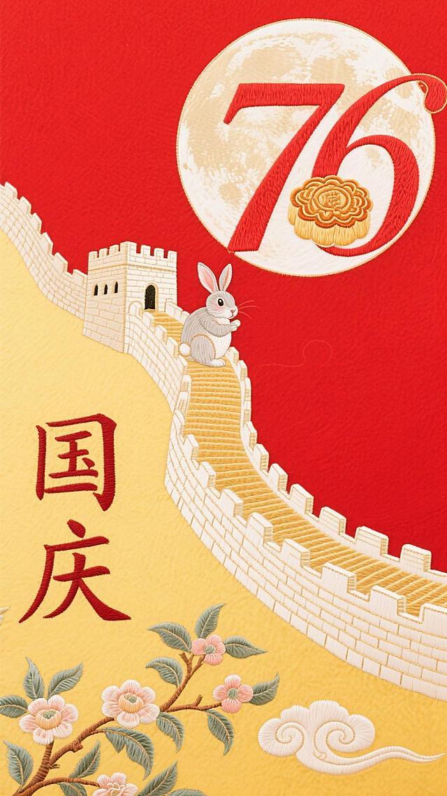 刺绣风格，中秋国庆节，把图片分成右上红色和左下浅黄色，长城在对角线位置，右上角艺术字体“76”和月亮，月亮上有个抱着月饼的兔子，左下角大写的“国庆”，底部桂枝花卉，祥云元素填充页面