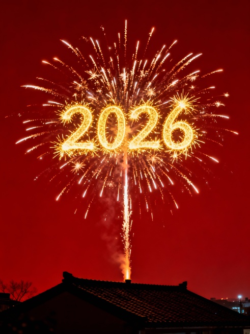 一只烟花，烟花升至空中炸开，烟花中心炸开成金色烟花状“2026”字样，画面底部是黑夜中的屋顶，背景新年红色，远景预览效果