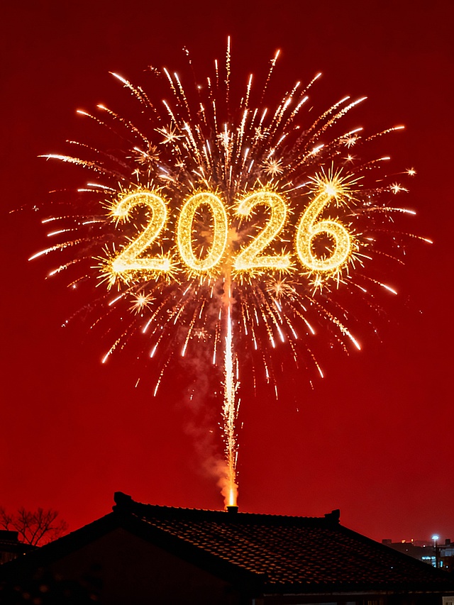 一只烟花，烟花升至空中炸开，烟花中心炸开成金色烟花状“2026”字样，画面底部是黑夜中的屋顶，背景新年红色，远景