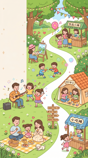 竖版户外游园市集全景插画，包含多组亲子人物、四大功能摊位：小吃摊位、DIY 手工帐篷、饮品小摊；还有吉他弹唱区域、油画写生区、水枪玩耍孩童、草坪野餐家庭；搭配大树、指示路牌、彩色气球、装饰彩旗、花草、预览效果