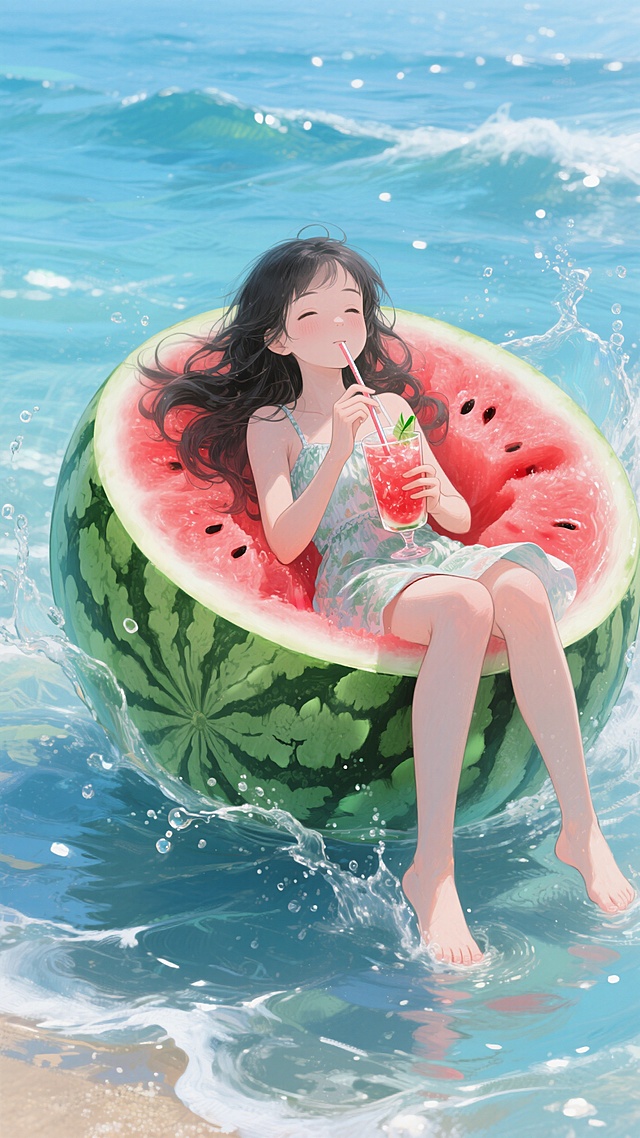 夏日的海边，一个精致的长发女孩躺在巨大的西瓜里喝着西瓜汁，在海里漂浮