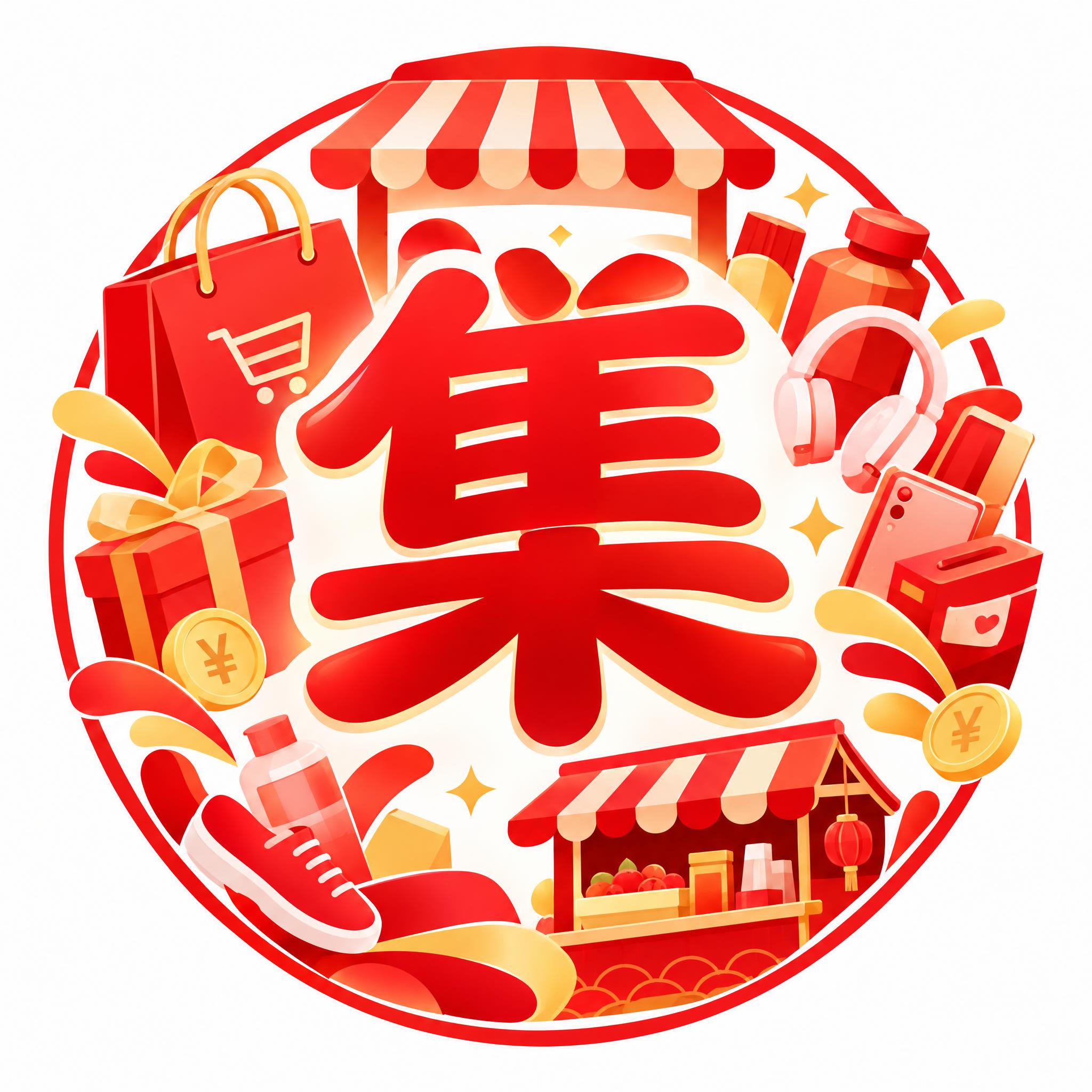 电商商城小图标，中心是一个大大的红色'集'字，字体饱满有设计感… - 图片创意预览