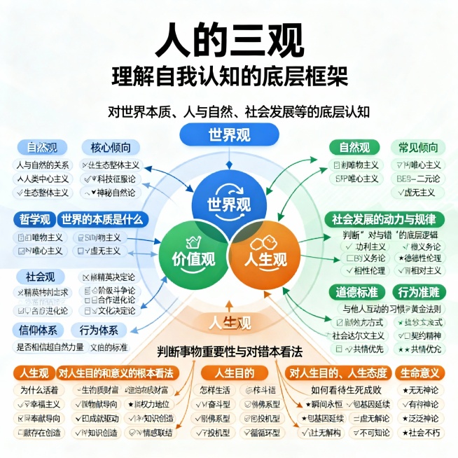 【图片标题】​

人的三观：世界观·价值观·人生观​

（副标题：理解自我认知的底层框架）

【整体结构】​

以“三观”为核心，分三大主分支（世界观、价值观、人生观），每分支下展开子维度，子维度下列预览效果
