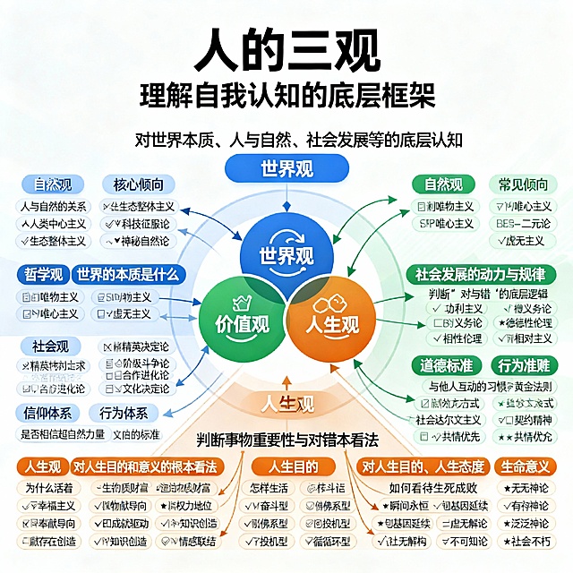 【图片标题】​

人的三观：世界观·价值观·人生观​

（副标题：理解自我认知的底层框架）

【整体结构】​

以“三观”为核心，分三大主分支（世界观、价值观、人生观），每分支下展开子维度，子维度下列举常见倾向，用层级图+关键词+图标呈现，简洁清晰。

【详细内容布局】​
一、中心主题​

人的三观​

（图标：三环相扣，分别标注“世界观”“价值观”“人生观”）

二、分支1：世界观（蓝色系）​

定义：对整个世界的根本看法（核心：世界本质、人与自然、社会发展、信仰）

子维度（4个）：

子维度

	

核心问题

	

常见倾向（关键词+图标）




自然观​

	

人与自然的关系

	

🌳人类中心主义（人主宰自然）、🌍生态整体主义（命运共同体）、⚙️科技征服论（改造自然）、✨神秘自然论（敬畏超验）




哲学观​

	

世界的本质是什么

	

🧱唯物主义（物质为本）、💭唯心主义（意识为本）、⚖️二元论（物质+意识）、❓虚无主义（无客观本质）




社会观​

	

社会发展的动力与规律

	

👑精英决定论（少数精英主导）、⚔️阶级斗争论（阶级矛盾驱动）、🤝合作进化论（协作进步）、📜文化决定论（文化定轨迹）




信仰体系​

	

是否相信超自然力量

	

❌无神论（不信超自然）、✅有神论（信神/超自然）、🌱泛神论（自然即神）、❓不可知论（存疑）

三、分支2：价值观（绿色系）​

定义：判断事物重要性与对错的标准（核心：优先级排序，看重什么）

子维度（3个）：

子维度

	

核心问题

	

常见倾向（关键词+图标）




利益取向​

	

生活的核心追求

	

💰物质财富（金钱资产）、👑权力地位（影响力/层级）、📚知识创造（探索真理）、❤️情感联结（人际温暖）




道德标准​

	

判断“对与错”的底层逻辑

	

⚖️功利主义（结果最大化幸福）、📏义务论（守规则/责任）、🌟德性伦理（重品格美德）、🔄相对主义（无绝对标准）




行为准则​

	

与他人互动的习惯方式

	

🤝黄金法则（己所不欲勿施于人）、🦖社会达尔文主义（弱肉强食）、📜契约精神（守规则承诺）、💖共情优先（理解支持）

四、分支3：人生观（橙色系）​

定义：对人生目的和意义的根本看法（核心：为何活、怎样活、生死意义）

子维度（3个）：

子维度

	

核心问题

	

常见倾向（关键词+图标）




人生目的​

	

为什么活着（终极目标）

	

😊幸福主义（自身/所爱幸福）、🤲奉献导向（为他人/社会付出）、🏆成就驱动（目标/自我突破）、🎨存在创造（自我赋予意义）




人生态度​

	

怎样生活（日常心态）

	

💪奋斗型（积极进取）、🍵佛系型（随遇而安）、🎲投机型（找捷径/短期利）、🔄循环型（固定模式重复）




生命意义​

	

如何看待生死成败

	

✨瞬间永恒（珍惜当下美好）、🧬基因延续（繁衍传承）、❓虚无解构（无客观意义，自我解读）、🌟社会不朽（精神永生）

【视觉设计建议】​

颜色区分：世界观（蓝）、价值观（绿）、人生观（橙），子维度用同色系浅色，倾向用图标+短词。

图标辅助：每个倾向配简约图标（如🌳代表生态整体主义，💰代表物质财富），增强记忆点。

层级清晰：中心→主分支→子维度→倾向，用箭头/线条连接，避免文字堆砌。

核心标注：每个三观/子维度旁用【】标注核心定义（如世界观旁：【对世界本质、人与自然、社会发展等的底层认知】）。