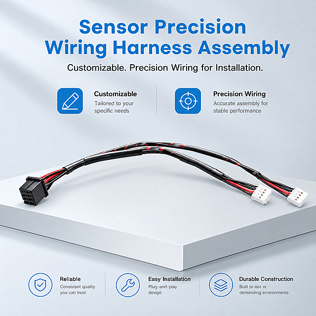 Follow the style of the reference picture, generate a 1:1 square e-commerce main image for the sensor precision wiring harness assembly in image2. The product is sensor precision wiring harness assembly, highlight the features: customizable, precision wiring for installation. All text descriptions are in English. Keep the product display clean and professional, the style is simple, technical and high-end.