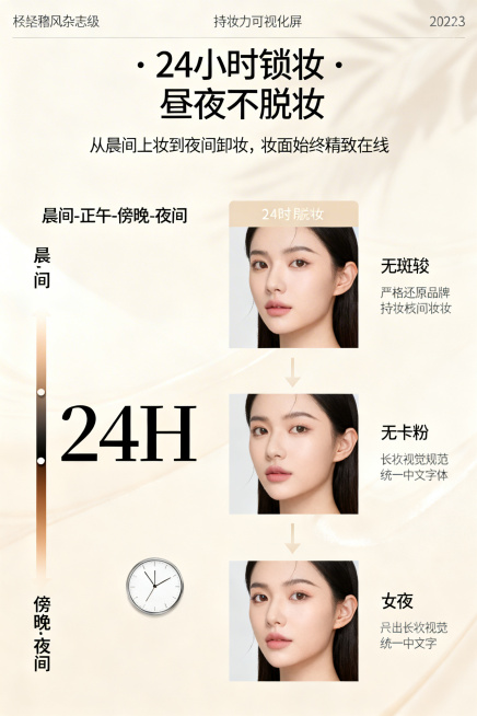 2:3竖版，电商详情持妆力可视化屏，不展示完整产品，24小时持妆时间轴视觉化呈现，模拟晨间到夜间妆面状态，极简轻奢风杂志级精致排版，主标题"24小时锁妆 · 昼夜不脱妆"，副标题"从晨间上妆到夜间卸妆预览效果