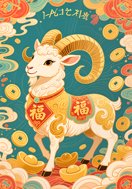 十二生肖羊主题插画设计，结合洋洋得意吉祥寓意，绘制一只金羊配钱币福字，国潮风插画，线条流畅，撞色设计，传统元素结合现代潮流，A3尺寸，视觉冲击力强，热闹喜庆预览效果