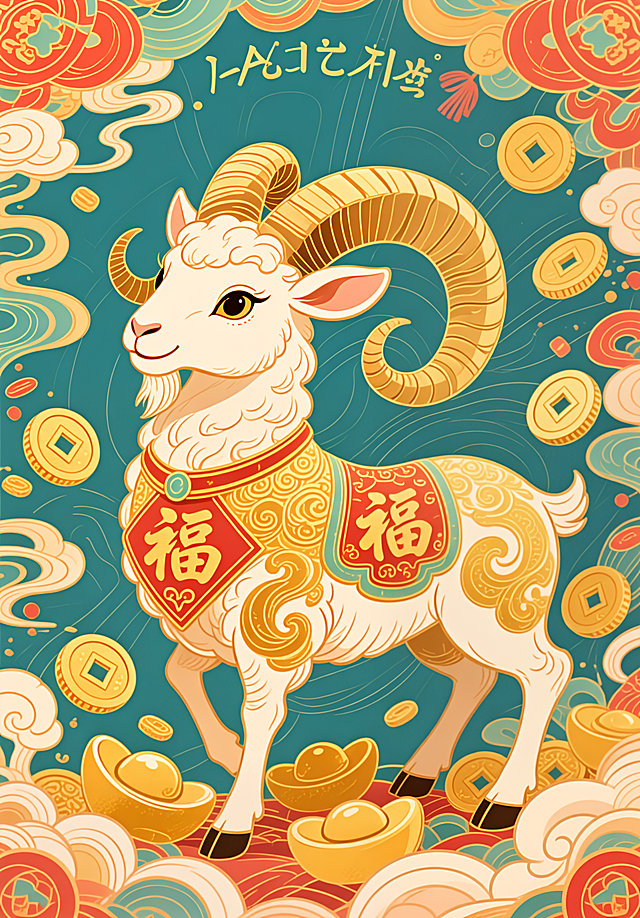 十二生肖羊主题插画设计，结合洋洋得意吉祥寓意，绘制一只金羊配钱币福字，国潮风插画，线条流畅，撞色设计，传统元素结合现代潮流，A3尺寸，视觉冲击力强，热闹喜庆