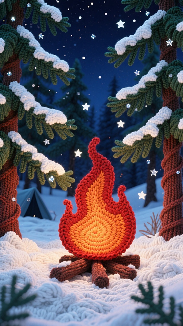 雪松林间燃起篝火，火焰映红周围积雪，露营者围坐烤棉花糖，身旁放着帐篷与暖水瓶。松枝覆雪，夜空缀着疏星，火星随晚风轻飘，橙红 + 墨绿配色，热闹又治愈的户外暖冬露营。