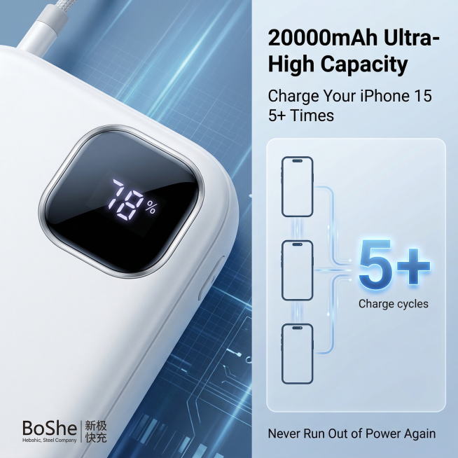 数据可视化风格，科技数据风，冷色调蓝白配色。左侧为BoShe充电宝数显屏特写，聚焦显示78%电量，数显屏发光效果自然无过曝，严格还原产品所有细节，保持哑光白色塑料质感。右侧放置3个扁平化线性设计手机图预览效果