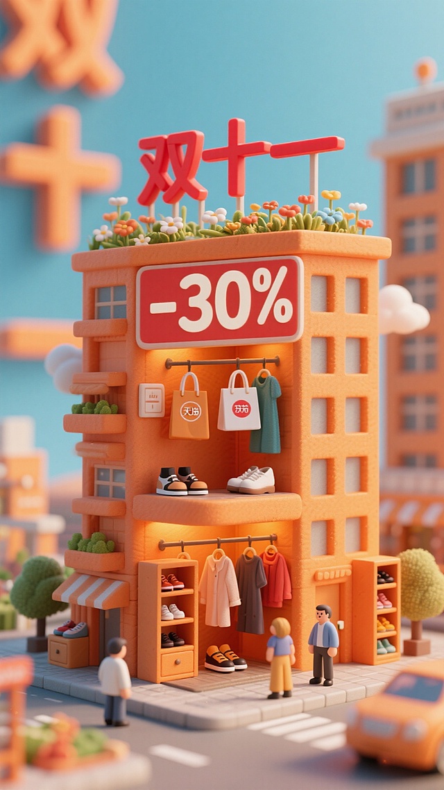 软3D风格微缩城市，卡通感十足的双十一促销场景，粘土质感建筑搭配萌趣人物，营造可爱又吸睛的节日购物氛围。
