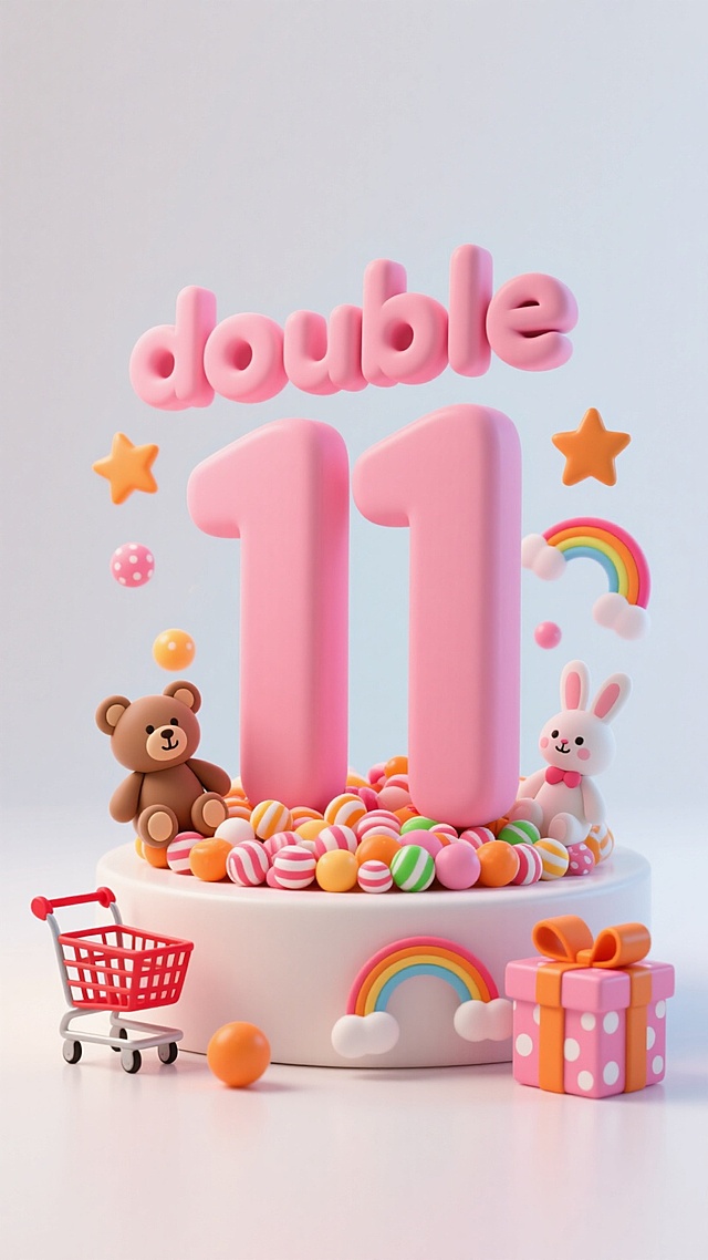 粘土风。白色背景，画面中心是巨大的粉色立体 数字“double11” 文字立在用糖果堆成的圆台上，周围环绕玩偶小熊、玩偶小兔、橙色带白点的粉色礼物盒、购物车、红色气球，还有星星、彩虹、小圆点等小装饰，整体布局紧凑