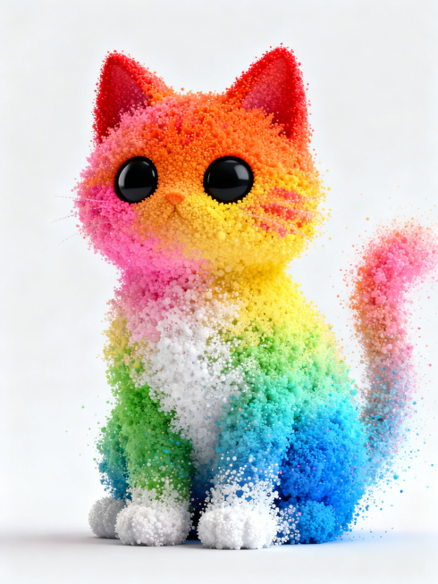 一个抽象、多彩、动态的细粒子群，形成小猫的形状，小猫拥有黑色眼睛，粒子颜色包含红色、橙色、黄色、粉色、绿色、蓝色和白色，色调鲜艳，画面为空白背景，纹理呈细颗粒状，带有消散特效，具有3D立体感，颜色各异预览效果