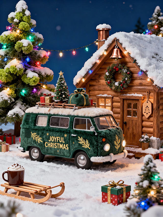 复古风木屋与毛绒绿车构成梦幻圣诞微缩场景，3D质感结合粘土风格，暖光点缀传递喜庆温馨氛围。