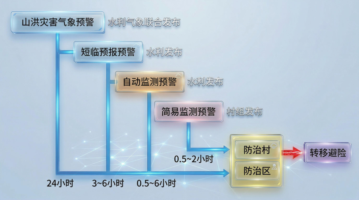 保留图1山洪灾害气象预警架构的全部内容与逻辑，采用图2的科技蓝调玻璃质感视觉风格重新绘制预览效果